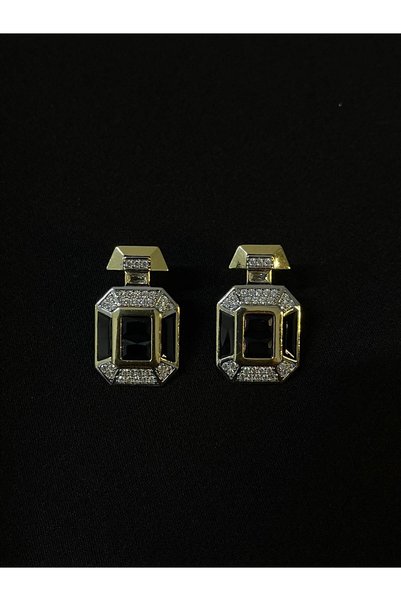 DUUE ACCESSORY Siyah Taşlı Geometrik Tasarım Kadın Küpe