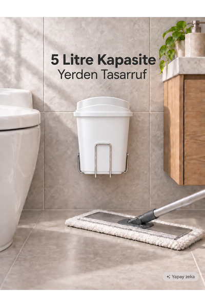 Hagen 5 Litre Duvara Monte Yapışkanlı Çöp Kovası, Metal Askı Aparatlı, Banyo ...