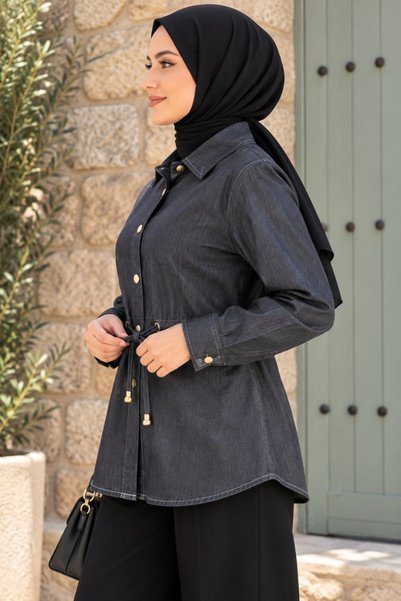 SEVENLINE Women's Anthracite Denim Tunic Shirt with Tie at the Waist and Buttons, Long Sleeve