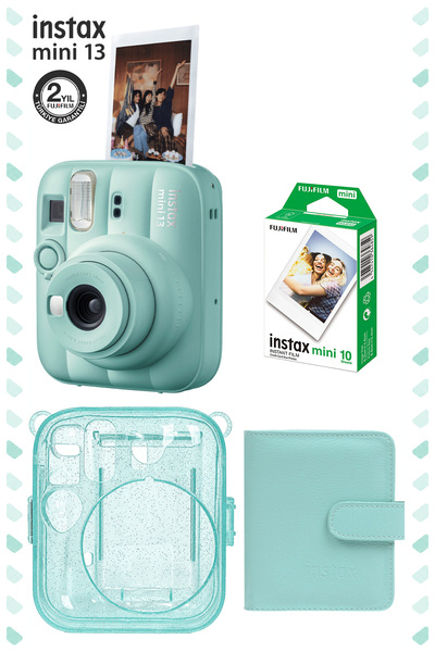 Fujifilm Instax Mini 13 Yeşil Fotoğraf Makinesi Deri Albüm Pleksi Kılıf ve 10'lu Film Hediye Seti