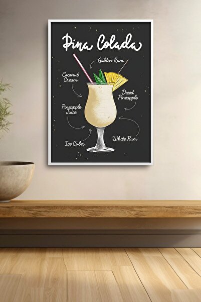 HOMEPACK Recept za koktel Piña Colada, crna pozadina, uokvirena slika, koktel...