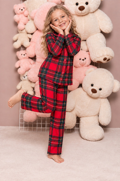 ELİTOL Ekose Desen Kırmızı Süet Örme Uzun Kol Anne-Kız Düğmeli Pijama Takımı