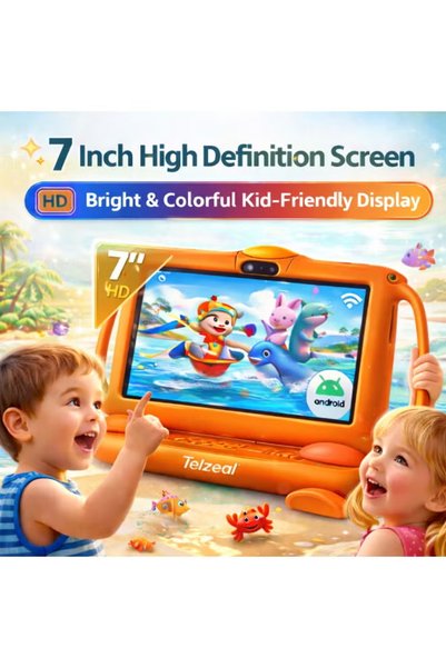 TELZEAL P600 Kids Tablet Orange – 7 Inch HD Display, 6GB RAM 128GB Storage, Android 10.1, 3000mAh Battery, WiFi, Front & Rear Camera, Shockproof Protective Case