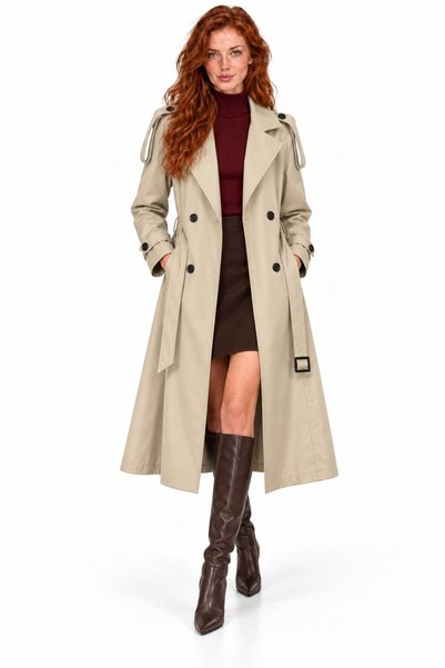 Lavix Ecru Women's Long Trench Coat with Belt, Double-Breasted, Buttons, Epaulettes, Pockets, and Slit on the Back