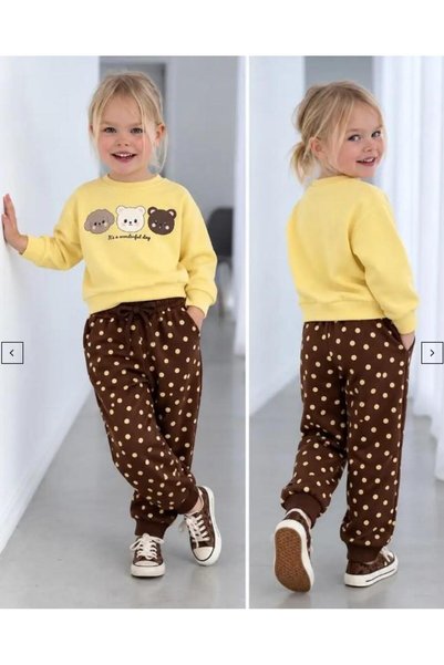 AYKİDSCLUP Girl's Teddy Bear Printed Yellow Sweatshirt and Polka Dot Brown Sw...