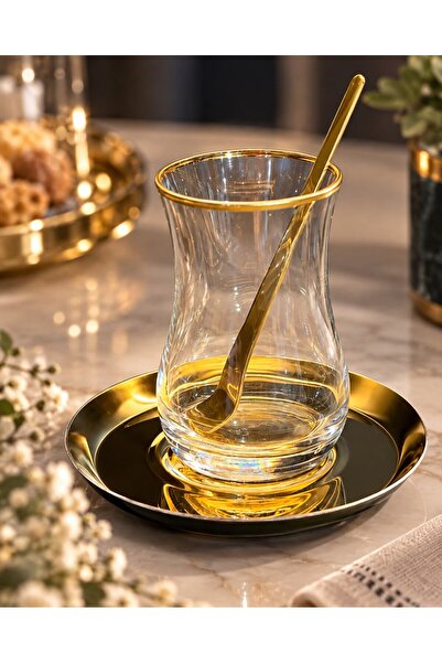 Onedekor 18 Parça Maison Doré Gold İşlemeli Çelik Tabaklı Çay Takımı