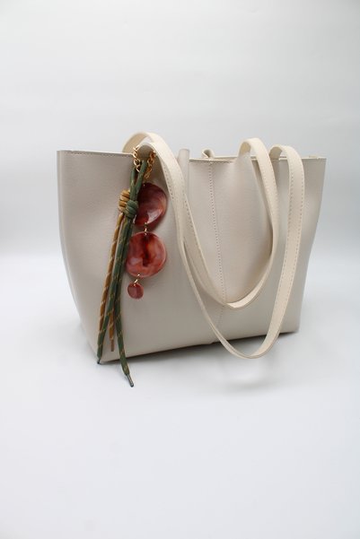 LASSO Women's Cream Large Size Zippered Hand, Arm and Shoulder Bag with Laces and Buckle Charms