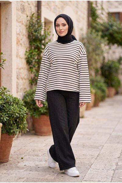 EBRUTESETTÜR Striped Crew Neck Tunic Black White