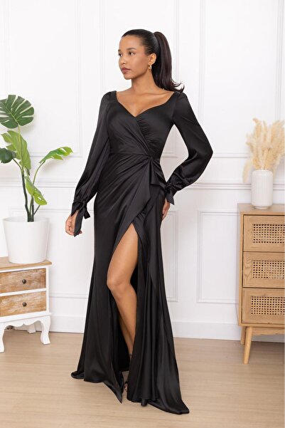 Generic Brand Rochie de seara neagra din satin