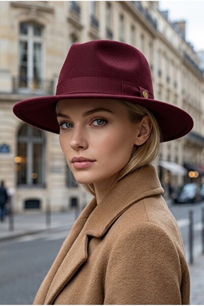 Belifanti Collection Pălărie Fedora din pâslă rigidă, cu boruri largi, de culoare burgundă, pentru femei, cu cataramă metalică, cu curea, pălărie de iarnă Panama Cowboy