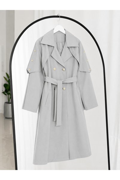 Hepsi Moda Zincir Detaylı Kuşaklı Trençkot - Açık Gri