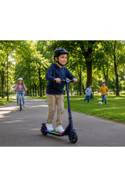 KidsCare Trotinetă electrică E69 pentru copii, 130W, baterie 24V 2.5Ah, viteză maximă 14 km/h, lumini, albastru