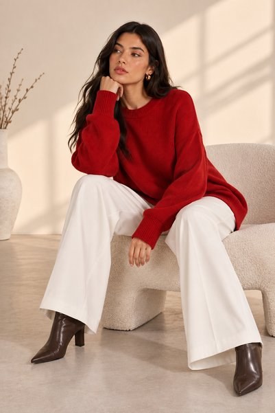 deqfashion Women's Red Oversize Knitwear Sweater Crew Neck Loose Fit