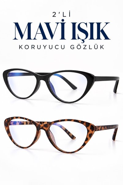 Zzla Bella Vera 2li Cat Eye Siyah Leopar Kadın Mavi Işık Koruyucu Gözlük Caml...