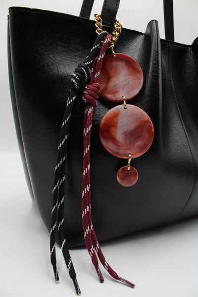 LASSO Women's Black Large Size Zippered Hand, Arm and Shoulder Bag with Laces and Buckle Charms