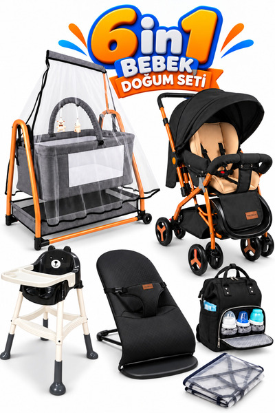 6in1 Bebek Doğum Seti Bebek Arabası Yatak Beşik Mama Sandalyesi Anakucağı Bebek Çantası Yağmurluk