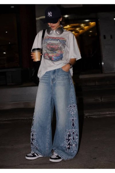 Moonstarcollection Mavi Tribal Taşlamalı Gotik Y2K Unisex Baggy Pantolon