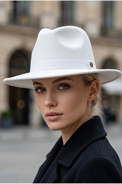 Belifanti Collection Women's White Wide Brim Hard Felt Fedora Hat with Metal Buckle Belted Panama Cowboy Winter Hat