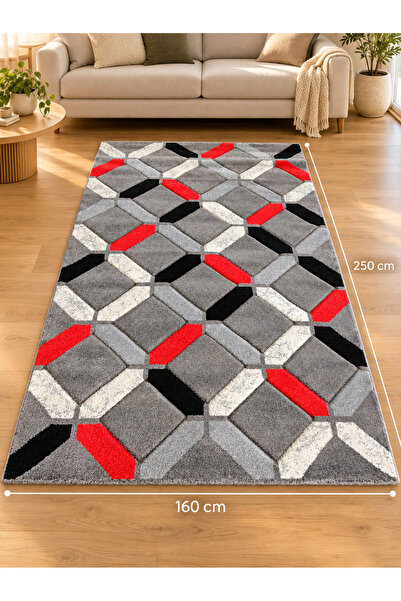 OEM Covor modern pentru living, model geometric în relief, gri cu accente roș...