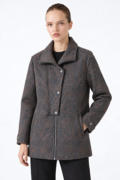 Zühre Shawl Patterned Women's Summit Jacket with Zipper and Button Detail Bro...