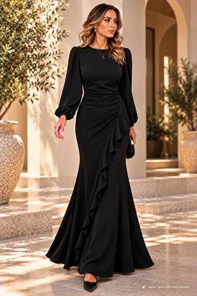 DRESSIFY WOMEN’S FASHION Kadın Düğün Kına Nişan İçin Uzun Kollu Fırfırlı Balı...