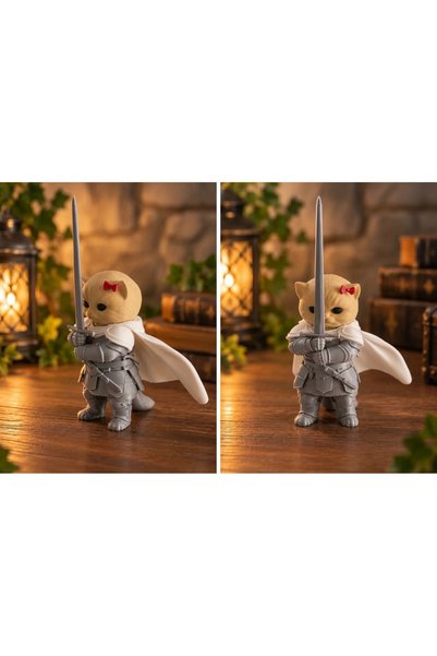 Şövalye Kedi Figürü – Meme Kedi Dekoru – Sevimli Kedi Biblo – Masaüstü Dekorasyon – 3D Baskı