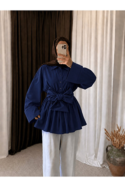Hepsi Moda Beli Bağlamalı Geniş Kol Tunik - 6137 - PCK - Lacivert