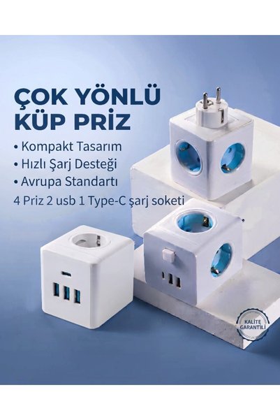 lstri kıllı Küp Priz 8'i 1 Arada Çoklayıcı, 4 AC Fiş Girişi + 3 USB + 1 Type-C Hızlı Şarj Portu, Güç Düğmeli Topraklı Priz Adaptörü