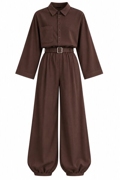 Laluvia Brown Snap Fastener Modal Shirt and Belted Shalwar Trousers Set - 2Y8396