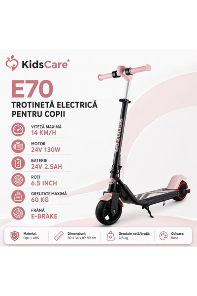 KidsCare Trotinetă electrică E70 pentru copii, 130W, baterie 24V 2.5Ah, vitez...