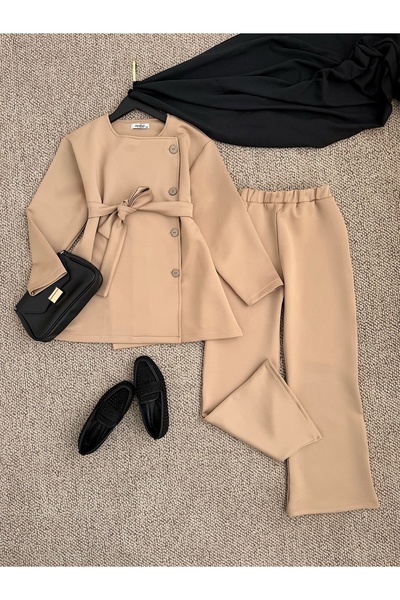 Hepsi Moda Side Button Scuba Suit - Hpm - Beige
