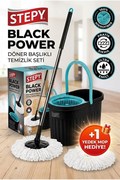 STEPY Black Power Döner Başlıklı Temizlik Kova Seti 1 Yedek Mop