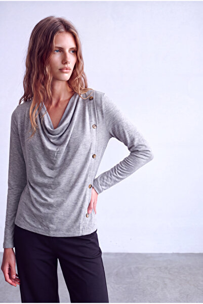 WESTMARK LONDON Women's Gray Melange Viscose Blended Flowy Drape Collar Long ...