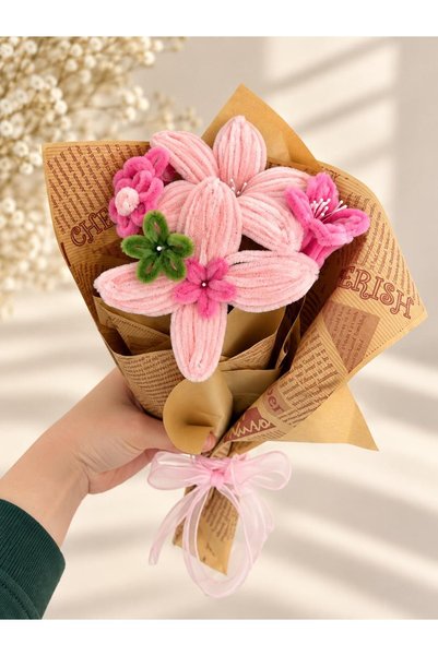 SMCASE HEDİYELİK PEMBE ŞÖNİL ÇİÇEK BUKETİ