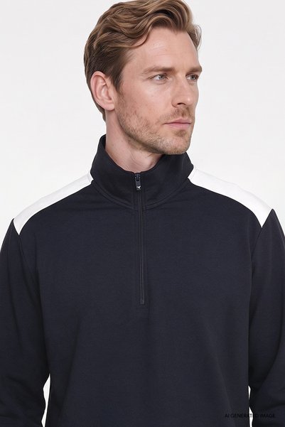 AC&Co / Altınyıldız Classics Erkek Lacivert 2 İplik Standart Fit Normal Kesim Bato Yaka Sweatshirt