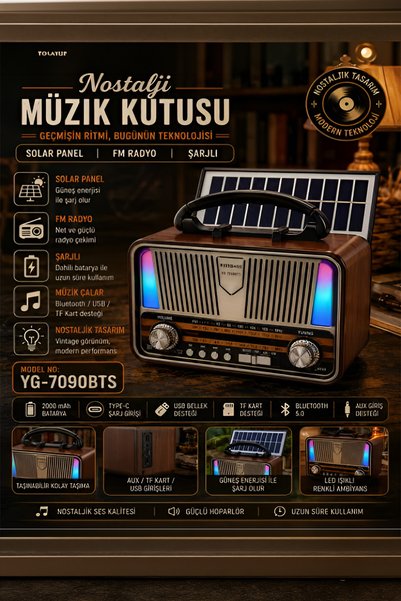 AYACO Retro Bluetooth Hoparlörlü Radyo LED El Fenerli Şarjlı Taşınabilir Speaker Nostaljik Tasarım YG-7090BTS