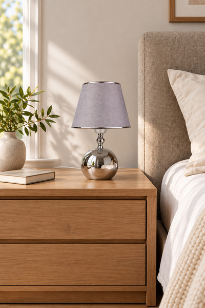 Eslight Duru Modern Krom Küre Ayaklı Açık Gri Abajur Masa Lambası Yatak Odası...