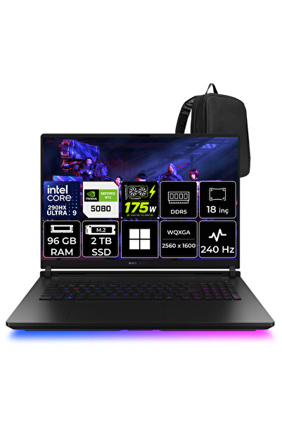 Rog Strix SCAR 18 Intel Core Ultra 9 290HX RTX 5080 16GB 175W 96GB RAM 2TB SSD 18" WQXGA (2560x1600) Mini LED 240Hz Win11 Home G835LWG-SA399WP412 Gaming Laptop + PER4 Çanta