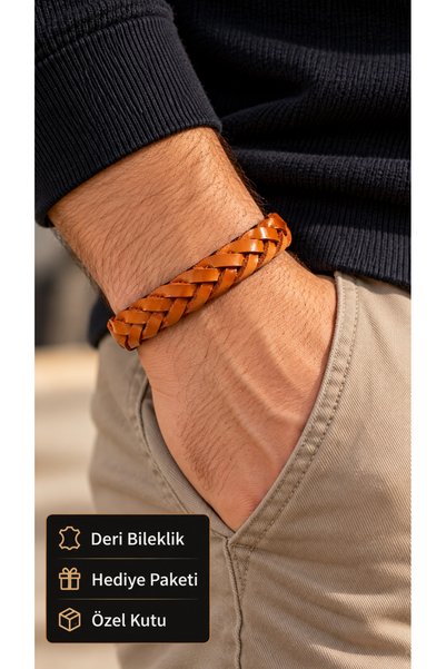 Opheryn Camelrope Tan Leather Men's Bracelet - Thick Round Braided Design