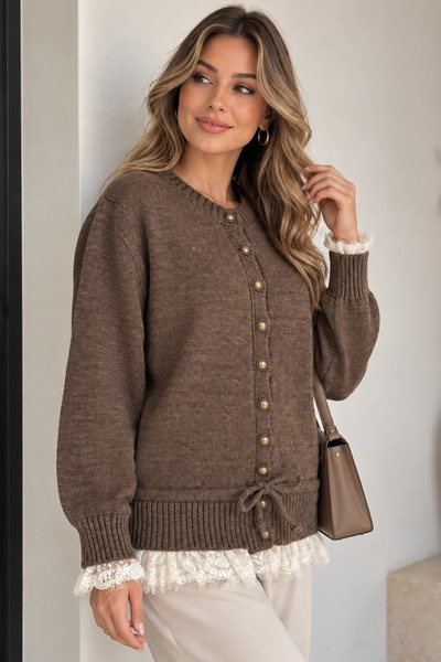 benguen R4621 Lace Detailed Cardigan Brown