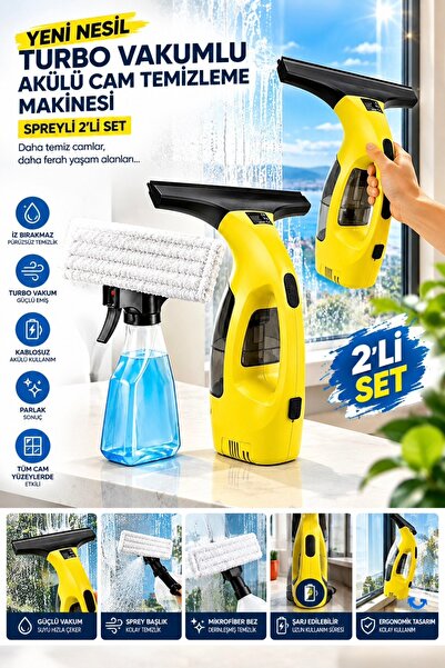 Hansel Yeni Nesil Turbo Vakumlu Akülü Cam Temizleme Makinesi Spreyli 2’li Set – Şarjlı Cam Silme ve Su Çekme Makinesi