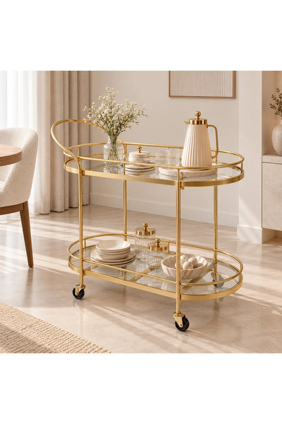 MiLi Modern Oval Mobile Two-Tier Tea and Service Cart with Gold Top Handle