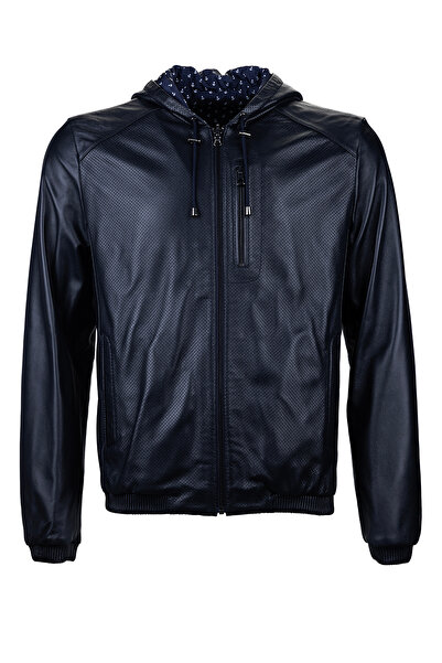Tamer Tanca Men's Genuine Leather Navy Blue Leather Coat