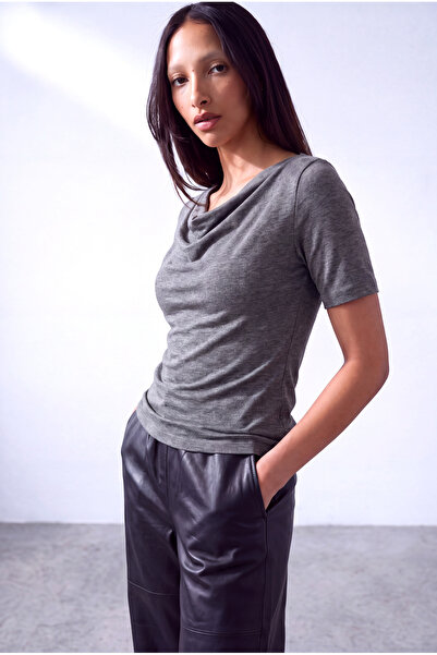 WESTMARK LONDON Women's Dark Gray Melange Viscose Blended Flowy Degaje Collar...