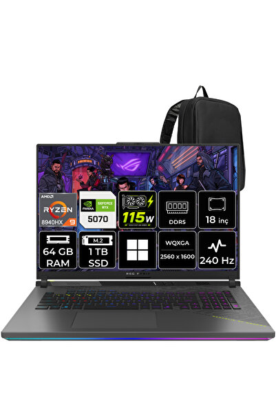 Rog Strix G18 AMD Ryzen 9 8940HX RTX 5070 8GB 115W 64GB RAM 1TB SSD 18" WQXGA (2560x1600) IPS 240Hz Win11 Pro G814PP-TT085P459 Gaming Laptop + PER4 Çanta