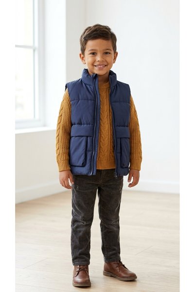 Motebarn Wear Erkek Çocuk Dik Yaka Şişme Yelek - Çift Cepli Günlük Comfort Fit Yelek