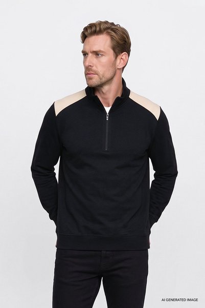 AC&Co / Altınyıldız Classics Erkek Siyah 2 İplik Standart Fit Normal Kesim Bato Yaka Sweatshirt