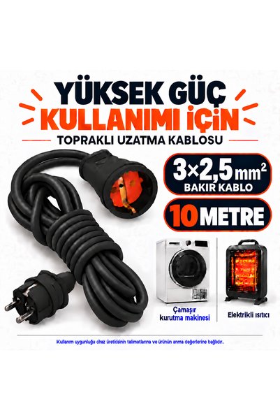 UFO 3x2,5 mm² Bakır Kablolu Topraklı Tekli Seyyar Uzatma kablosu 10 metre Siyah (Güçlü cihazlar için özel yapım )
