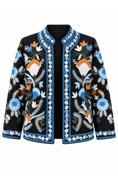 Defne Silver Embroidered Italian Style Bohemian Black Jacket