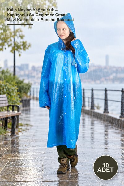 Yenilig 10 Pieces of Thick Nylon Raincoat – Blue Foldable Poncho Raincoat wit...